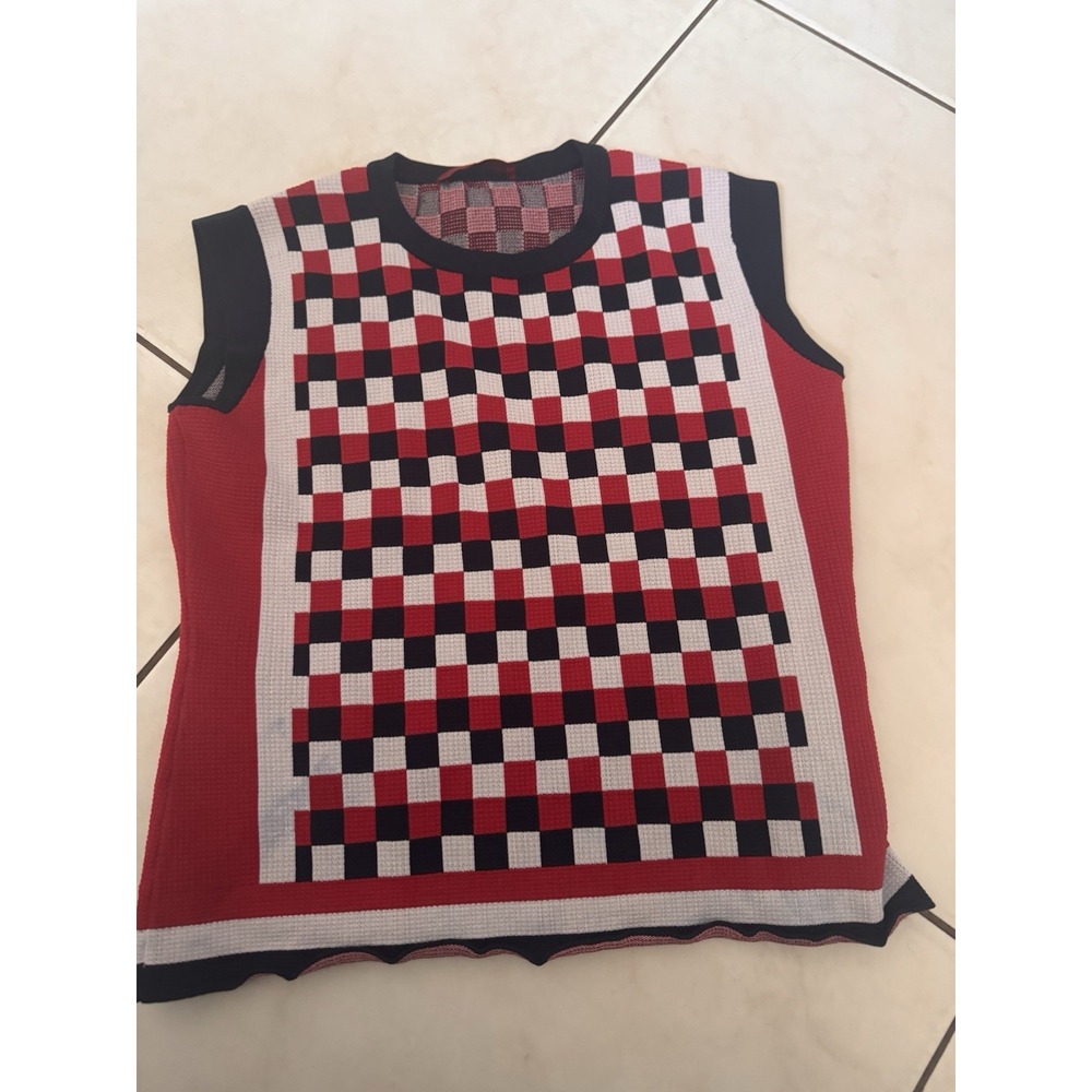 CH Carolina Herrera Womens M Red Black White Checkerboard Sleeveless Knit Top